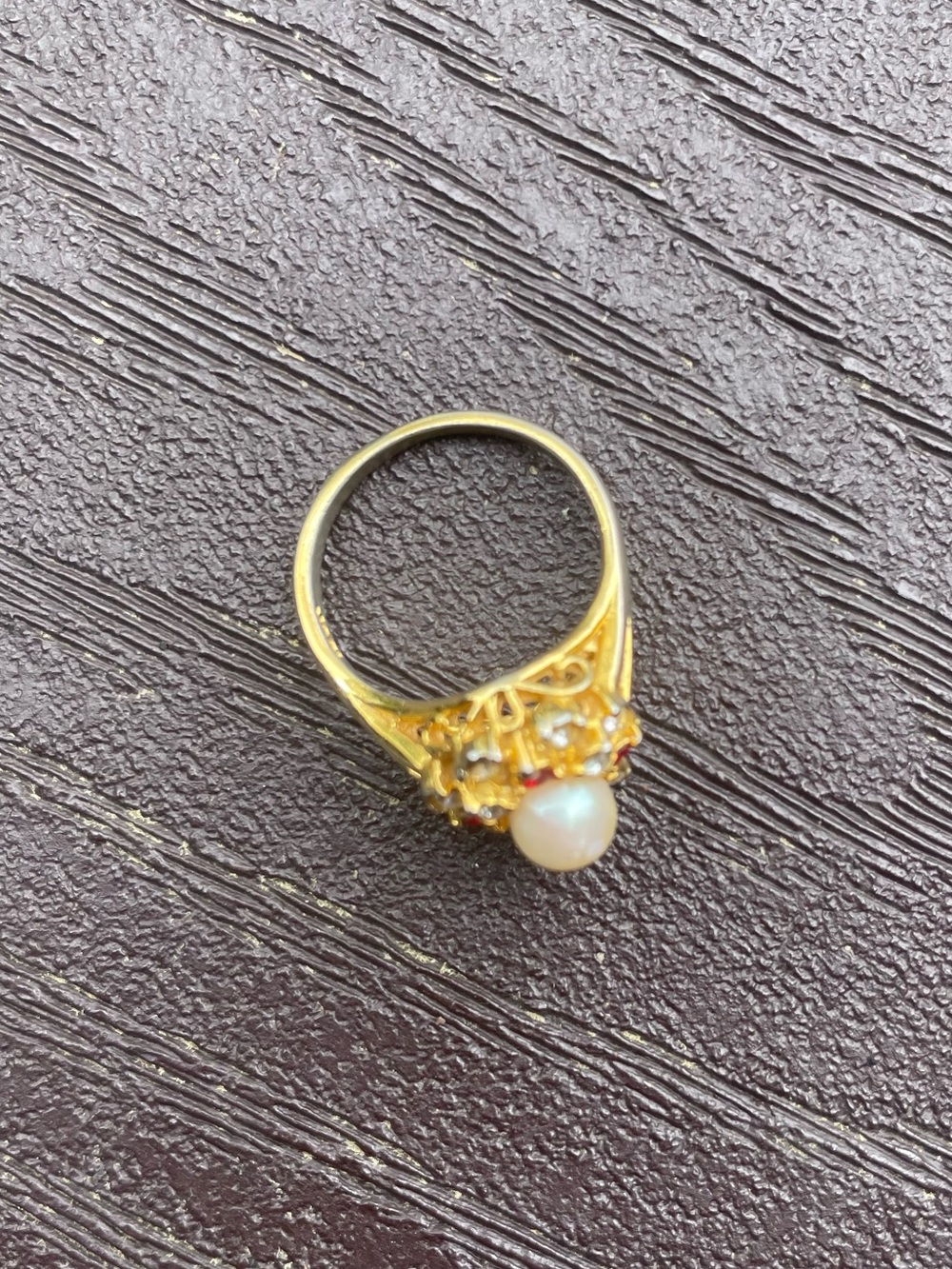 Cocktail Ring with Faux Ruby, Pearl, and Rhinestone in 18 KG plating, 6 - Picture 8 of 10